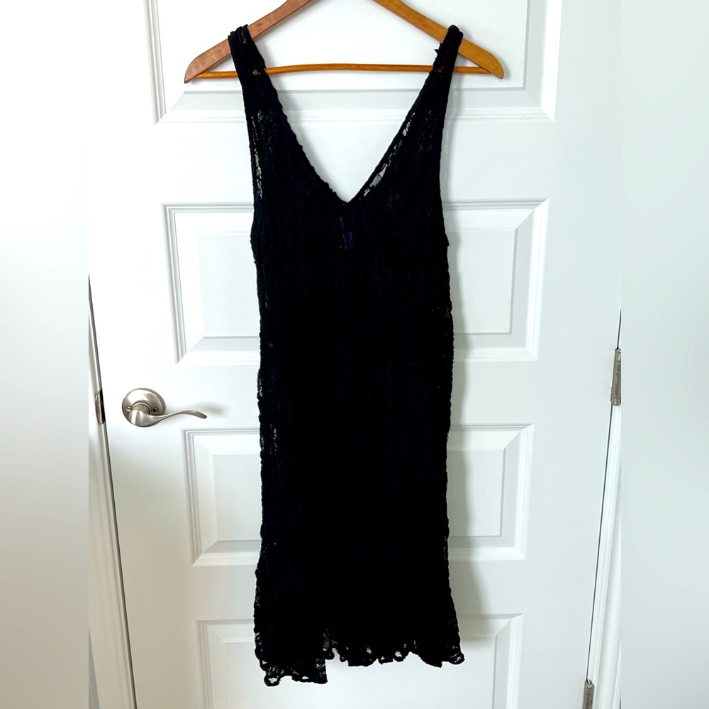 FREE PEOPLE Rendezvous Black Stretch Lace Dress w/ Beaded Trim SZ L